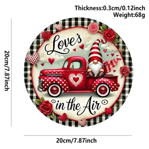 Valentine's Day wooden round hanging sign with red truck gnome design for wall door decor.