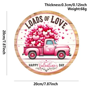 American country style Valentine's Day wooden round hanging sign with pink truck and hearts.