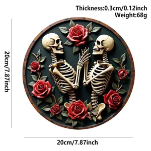 Wooden skeleton rose hanging plaque decorative round door sign for wall decor 20cm