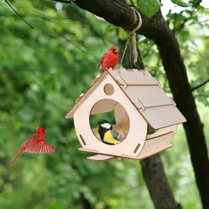 Wooden hanging bird house feeder natural wood garden decoration outdoor yard wild bird nest shelter