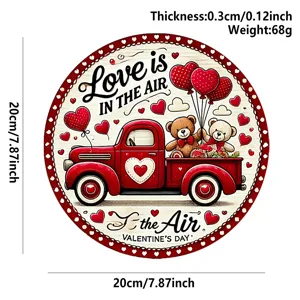 Valentine wooden hanging sign detail, red pickup truck and cute bears pattern, festive decor.