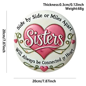 Round wooden hanging sign decorative plaque with sister heart quote for home wall decor.