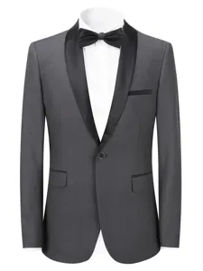 Detail view of men gray suit jacket with black shawl lapel, white shirt and bow tie.