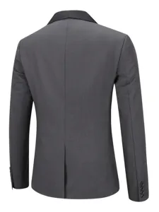 Back detail of men's dark gray suit jacket featuring black shawl lapel and center vent.
