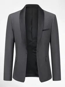Charcoal grey men suit jacket detail featuring black satin shawl lapel and single button.