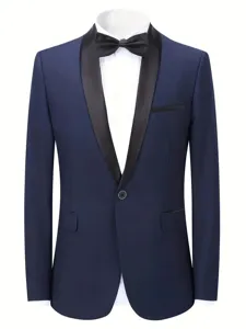 Men's navy blue tuxedo suit jacket with black shawl lapel single button formal blazer.