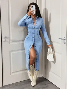 Abito da Donna Denim Midi Slim Fit Manica Lunga Colletto a Punta Monopetto Tinta Unita Abito a Camicia in Denim Elasticizzato