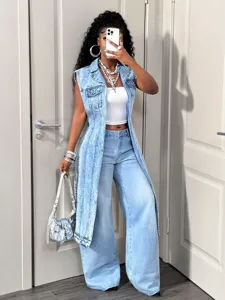 Women Denim Vest High Low Hem Sleeveless Denim Jacket Streetwear Casual Washed Outwear Denim Top