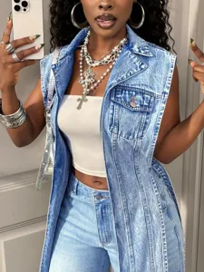 Denim vest front long back short casual stylish sleeveless outerwear denim fashion women apparel detail