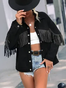 Detail view of black denim jacket featuring sparkling rhinestone fringe and chic lapel design.