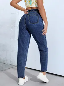 High-waisted dark blue denim jeans for women, casual tapered pants with back pockets, stylish.