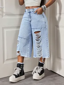 Donna casual strappati jeans corti azzurri estate pantaloni denim gamba larga moda