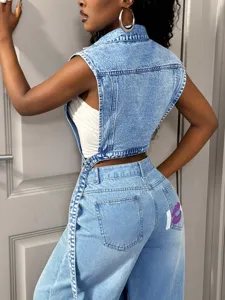 Women denim vest set sleeveless short denim jacket casual matching jeans with pocket graphic