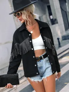 Fashion casual women's black denim jacket with sparkling rhinestones and chic fringe details.