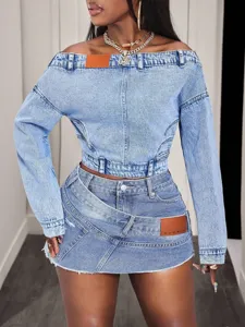 Stylish off-the-shoulder denim top and asymmetrical wrap denim skirt set for women fashion.