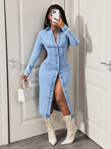 Abito in denim da donna a maniche lunghe vestibilità slim monopetto stile casual.