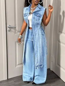 Women's long front denim vest stylish sleeveless jacket with wide leg jeans outfit set