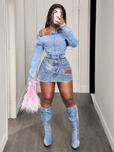 Denim off-the-shoulder top and skirt set, trendy streetwear detail view, stylish casual outfit.