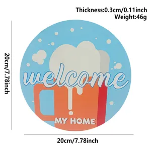 Wooden welcome sign detail, round beer mug wall hanging decor, size and thickness specs.