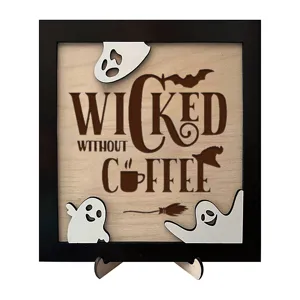 Pancarte en bois Halloween fantôme café avec cadre noir, déco de bureau pour fête et bar.