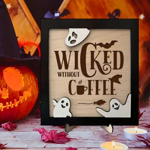 Pancarte en bois d'Halloween avec fantôme mignon et café, décoration de bureau festif.