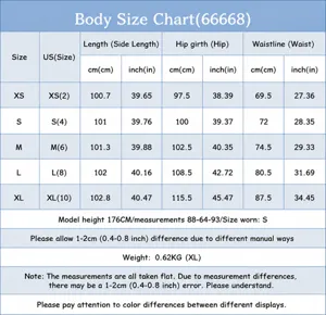 Detailed body size chart for women's denim trousers, including length, hip and waist measurements.