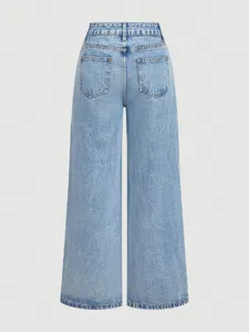 Back detail shot of light wash wide leg denim jeans, casual high waist straight pants.