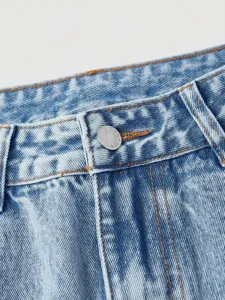 Casual light blue washed women's straight leg denim jeans trousers with detailed button closure.
