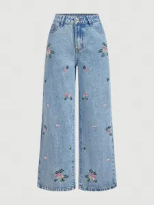 Womens floral embroidered light blue loose straight denim jeans trousers back details.