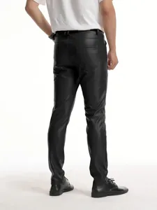 Men's slim fit faux leather pants stylish black casual motorcycle stretch skinny long trousers