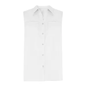 Été décontracté blanc sans manches col V boutonné coton lin gilet chemise pour femmes