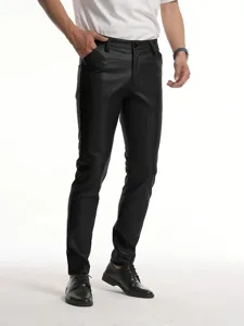 Men's slim fit PU leather trousers casual long pants for daily wear and motorcycle.