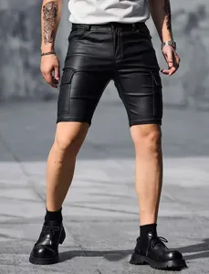 Men black PU leather cargo shorts detail showing slim fit and side pockets style.