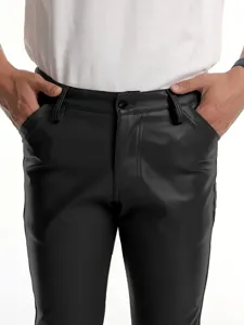 Men's slim fit PU leather pants detail view, featuring waist belt loops and button.