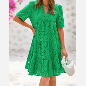 Green V-neck short sleeve eyelet tiered summer dress for women fashion casual wear