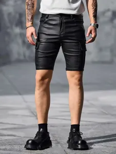 Detailed view of men black faux leather cargo shorts, stylish slim fit street style.