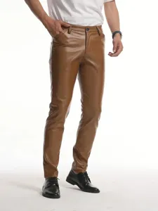 Men's slim fit PU leather pants, casual stretch motorcycle long trousers for all seasons.