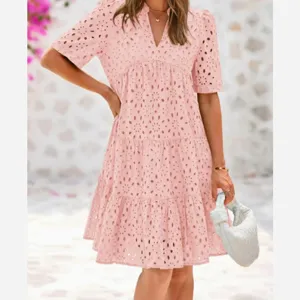 Women Elegant V-Neck Short Sleeve Hollow Out Patchwork Dress Tiered Cake Skirt Solid Polyester Midi Dress For Summer Vacation Daily Wear