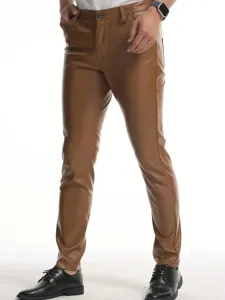 Men's slim-fit PU leather pants, brown casual long trousers, elastic motorcycle style.