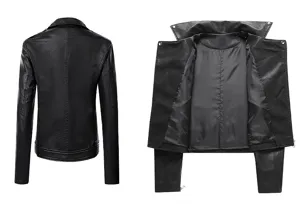 Detailed view showing the back and lining of a women's black faux leather motorcycle jacket.