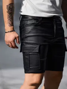 Men's faux leather cargo shorts, black slim fit summer streetwear with side pockets.