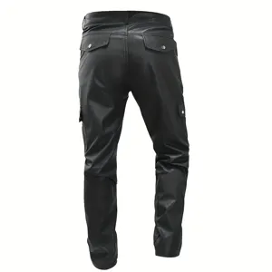 Back view of men's black PU leather casual pants featuring straight leg and flap pockets.