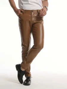 Men's slim fit PU leather pants, stylish brown casual trousers for motorcycle riding daily wear.
