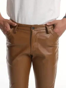 Men slim fit brown PU leather trousers casual motorcycle stretch long pants streetwear style