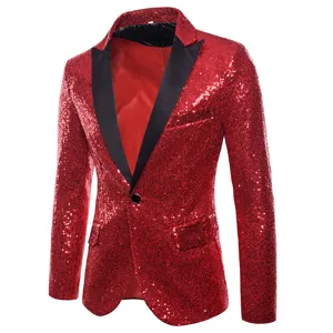 Chaqueta blazer de lentejuelas rojas para hombre con solapa negra un boton traje fiesta