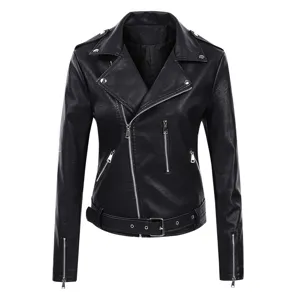 Women's Slim Fit Faux Leather Biker Jacket Hooded Commuter Moto Coat With Lapel Zipper Solid Color Outerwear
