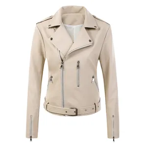 Close up of women faux leather biker jacket with asymmetric metal zippers and lapel.
