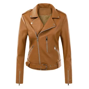 Detailed view of women brown faux leather motorcycle jacket slim fit stylish outerwear piece.