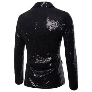 Vista trasera del elegante blazer negro con lentejuelas para hombre, ideal para espectáculos.
