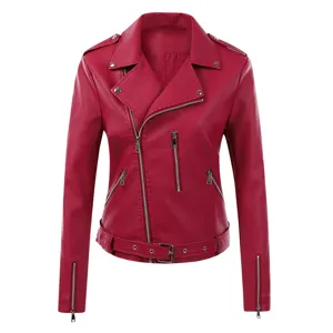 Red faux leather motorcycle jacket detail showing classic lapel, metal zippers and adjustable belt.